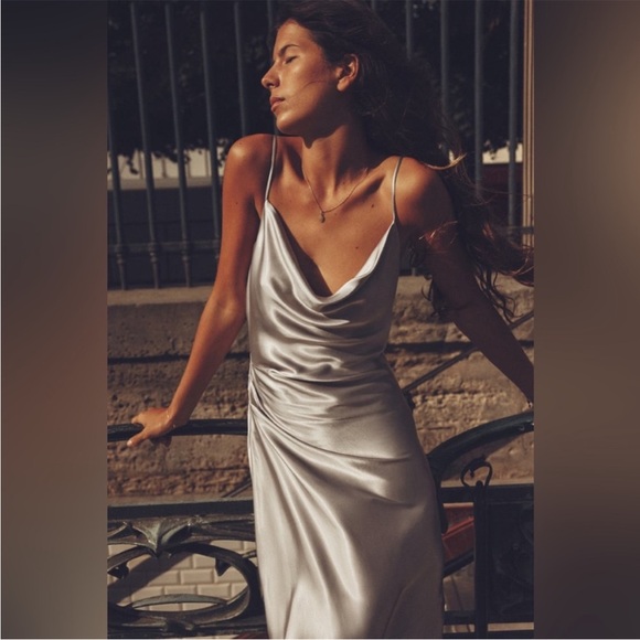 ZARA SILVER SATIN MIDI DRESS - Picture 5 of 10